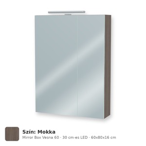 Tboss Mirror Box Vesna 60 tükrös felsőszekrény, 2 ajtós, 30 cm-es LED-lámpával, Mokka