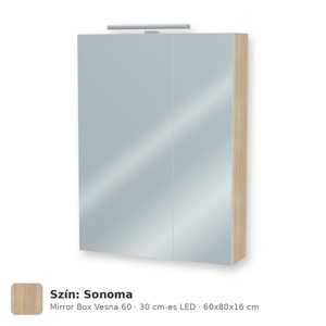 Tboss Mirror Box Vesna 60 tükrös felsőszekrény, 2 ajtós, 30 cm-es LED-lámpával, Sonoma