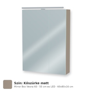 Tboss Mirror Box Vesna 60 tükrös felsőszekrény, 2 ajtós, 55 cm-es LED-lámpával, Kőszürke matt