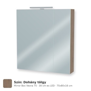 Tboss Mirror Box Vesna 75 tükrös felsőszekrény, 2 ajtós, 30 cm-es LED-lámpával, Dohány tölgy