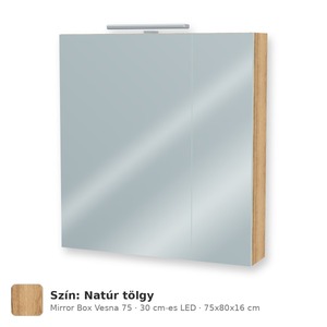 Tboss Mirror Box Vesna 75 tükrös felsőszekrény, 2 ajtós, 30 cm-es LED-lámpával, Natúr tölgy