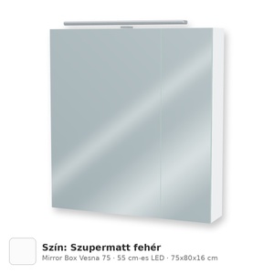Tboss Mirror Box Vesna 75 tükrös felsőszekrény, 2 ajtós, 55 cm-es LED-lámpával, Szupermatt fehér