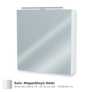 Tboss Mirror Box Vesna 75 tükrös felsőszekrény, 2 ajtós, 55 cm-es LED-lámpával, Magasfényű fehér