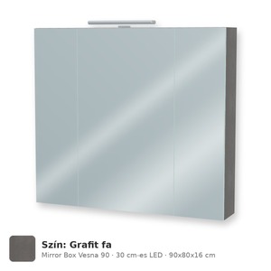 Tboss Mirror Box Vesna 90 tükrös felsőszekrény, 3 ajtós, 30 cm-es LED-lámpával, Grafit fa
