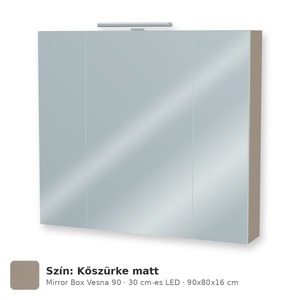 Tboss Mirror Box Vesna 90 tükrös felsőszekrény, 3 ajtós, 30 cm-es LED-lámpával, Kőszürke matt