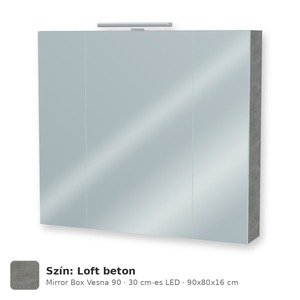 Tboss Mirror Box Vesna 90 tükrös felsőszekrény, 3 ajtós, 30 cm-es LED-lámpával, Loft beton