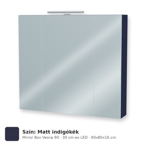 Tboss Mirror Box Vesna 90 tükrös felsőszekrény, 3 ajtós, 30 cm-es LED-lámpával, Matt indigókék