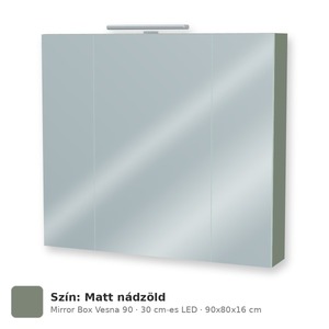 Tboss Mirror Box Vesna 90 tükrös felsőszekrény, 3 ajtós, 30 cm-es LED-lámpával, Matt nádzöld