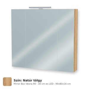Tboss Mirror Box Vesna 90 tükrös felsőszekrény, 3 ajtós, 30 cm-es LED-lámpával, Natúr tölgy