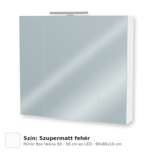 Tboss Mirror Box Vesna 90 tükrös felsőszekrény, 3 ajtós, 30 cm-es LED-lámpával, Szupermatt fehér