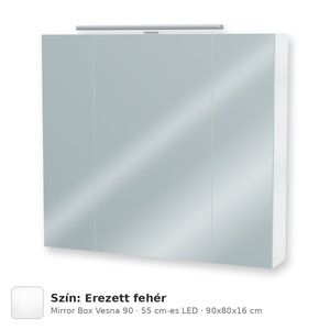 Tboss Mirror Box Vesna 90 tükrös felsőszekrény, 3 ajtós, 55 cm-es LED-lámpával, Erezett fehér