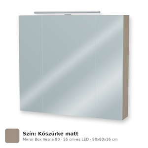 Tboss Mirror Box Vesna 90 tükrös felsőszekrény, 3 ajtós, 55 cm-es LED-lámpával, Kőszürke matt