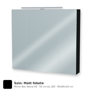Tboss Mirror Box Vesna 90 tükrös felsőszekrény, 3 ajtós, 55 cm-es LED-lámpával, Matt fekete
