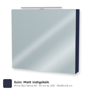 Tboss Mirror Box Vesna 90 tükrös felsőszekrény, 3 ajtós, 55 cm-es LED-lámpával, Matt indigókék