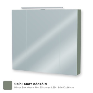 Tboss Mirror Box Vesna 90 tükrös felsőszekrény, 3 ajtós, 55 cm-es LED-lámpával, Matt nádzöld