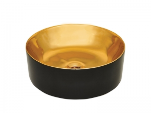 Invena KOS mosdókagyló, kerek, asztali, átmérő 42 cm, fényes, fekete-arany, PVD/Waterplating