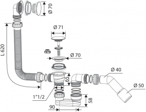 LUNART Fürdőkád le- és túlfolyó szett (szifon + click-clack), Chrome