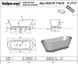 Kolpa San Atys DUO-FS 174x70 térbenálló fürdőkád  fehér