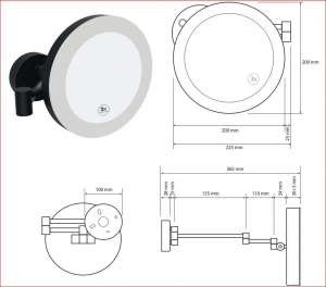 BEMETA Kozmetikai tükör, átmérő 200 mm, LED világítással, érintő kapcsolóval, fekete