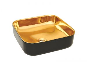Invena MALAGA mosdókagyló, négyszögletű, asztali, 39 cm, fényes, fekete-arany, PVD/Waterplating